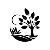 Monochrome stylized illustration of a tree with leaves, a crescent moon, and stylized grass on a rounded landscape, a minimalist nature logo. vector