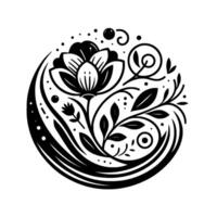 Intricate black and white floral in a circular frame, featuring a large flower, leaves, swirls, and dots, conveying elegance and natures simplicity. vector