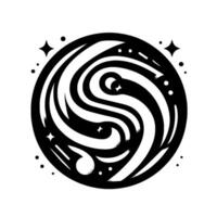 Circular Black and White Celestial Illustration with Swirling Lines, Stars, and Dots, Suggesting Galactic Motion in Minimalist Style. vector