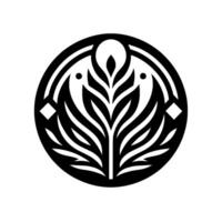 Monochrome Circular Emblem Stylized Foliage with Abstract Leaf Structure, Geometric Forms and Minimalist on White Backdrop. vector