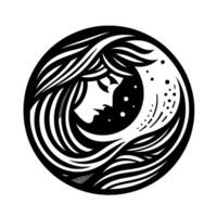 A minimalist, black and white circular design, featuring a womans profile and flowing hair, with celestial elements. vector