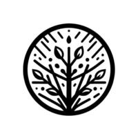 Minimalist Black and White Emblem Abstract Tree Within a Circle with Leaves and Dots, Suitable for Branding. vector
