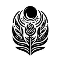Intricate Black and White Symbolic Illustration featuring a Stylized Floral Motif with Crescent Moon and Celestial Elements, Perfect Symmetry. vector
