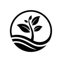 Symbolic black and white circular featuring a plant sprouting from wavy lines, representing growth and nature. vector