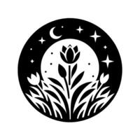 Celestial floral illustration within a black circular frame, featuring a crescent moon, stars, lotus flowers, and stylized foliage in a minimalist design. vector