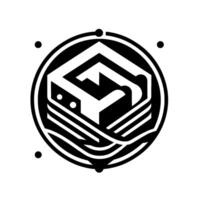Abstract Black and White Featuring Geometric D Form Enclosed in a Circle with Rounded Lines and Scattered Dots. vector
