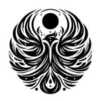 Intricate black and white circular featuring a stylized phoenix, adorned with feathers, dots, and a central sun or moon. vector