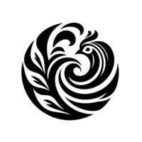 A stylized black bird design, rendered in a circular composition with swirling lines and a minimalist aesthetic on a white backdrop. vector