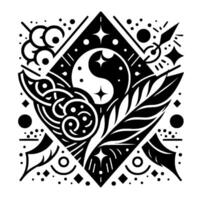 Intricate YinYang and Feather with Celestial Embellishments in a Bold, Black and White Geometric Composition. vector
