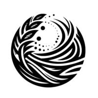 Intricate black and white circular design, featuring stylized leaves, fluid lines, and dot patterns within a sphere on a clean white background. vector
