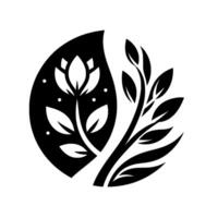 Minimalist Black and White Floral featuring a stylized flower within a leafshaped form, accompanied by a separate branch. vector