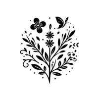 A Silhouetted Floral Composed of Flowers, Leaves, and a Butterfly, Adorned with Dots, Forming an Elegant Circle against a White Background. vector