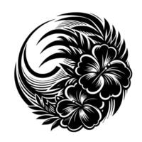 Intricate black and white floral featuring stylized hibiscus blooms, palm fronds, and curved patterns, creating a circular composition on a clean white background. vector