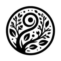 Elegant Black and White Circular Design NatureInspired Abstract Composition Featuring a TreeLike Structure, Curvilinear Elements, and Botanical Embellishments. vector