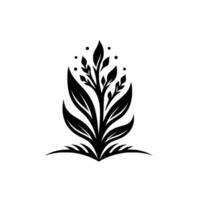 A symmetrical minimalist featuring a stylized black plant with large outer leaves, intricate inner branches, and tiny dotted accents on a stark white background. vector