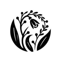 A minimalist black and white botanical illustration, featuring stylized leaves, berries, and a bellshaped flower within a circular frame, conveying a sense of simplicity and natural beauty. vector