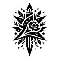 Intricate Black and White Emblem A StarShaped Featuring a Candle, Rose, Leaves, and Geometric Elements, Against a White Background. vector