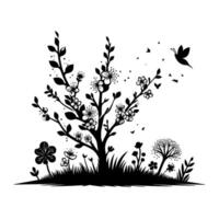 A delicate monochrome illustration depicts a stylized blossoming tree, surrounded by flowers and grass, with butterflies, creating a serene scene. vector