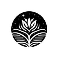 A stylized monochrome botanical illustration within a circular frame, depicting a blossoming plant with celestial accents stars and dots. vector