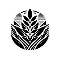 A stylized, minimalist botanical illustration of a central plant arrangement enclosed within an oval, featuring elegant leaf details and a clean, monochrome design. vector
