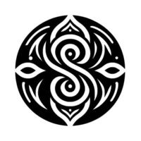 Symmetrical Black and White Circular Featuring Swirls, Eyes, and Ornate LeafLike Elements, Evoking a Sense of Balance and Sacred Geometry. vector