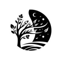A stylized black and white YinYang composition featuring a tree embracing night and day, a crescent moon in the dark sky. vector
