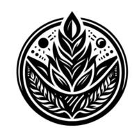 Bold black and white circular emblem featuring stylized leaves, ferns, and geometric elements, evoking nature and design. vector