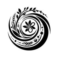 Elegant black and white floral with swirling elements and botanical motifs arranged in a circular pattern, embodying natural harmony. vector