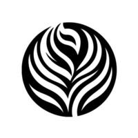 A stylized monochrome featuring a central leaflike structure composed of curved, layered shapes within a black circular frame, creating a modern and elegant design. vector
