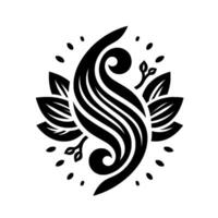 A symmetrical black and white minimalist design, featuring a stylized central flowing form surrounded by floral and leaf elements, and punctuated by small, scattered dots. vector