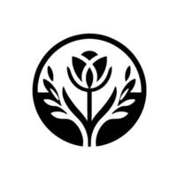A stark black and white featuring a stylized tulip within a circular frame, symmetrical with delicate leaves. vector