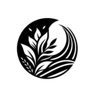 A stylized, monochrome botanical enclosed within a circular frame, showcasing leaves, wheat and curved strokes. vector