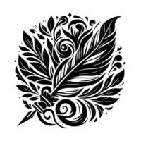 Intricate Black and White Circular Illustration Featuring a Feather Pen Surrounded by Stylized Foliage, Creating a Decorative, Ornate Composition on a White Background. vector