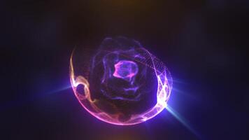 Purple glowing energy sphere with flowing particles and radiant light trails in dark abstract space futuristic background video