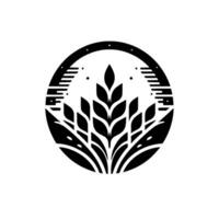 Minimalist Black and White Circular Depicting Wheat Stalks, Leaves, and Geometric Elements, Emphasizing Nature. vector