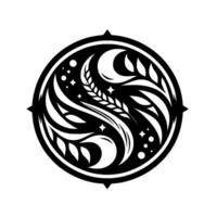 Symmetrical Black and White Circular with Lunar and Foliage Elements, Stars, Wheat, Compass Points, and Swirling Forms. vector