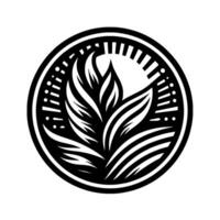 Black and White Circular of stylized plant leaves, arranged in a symmetrical with radiating elements and a bold outline. vector