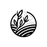 A minimalist black and white depicting stylized plants within a circle, featuring a field and dots, symbolizing growth. vector