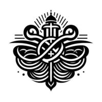 Intricate Black and White Architectural Emblem Featuring a Tower, Swirls, and Geometric Elements Against a White Background. vector