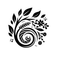Swirling Floral Silhouette A monochrome botanical composition featuring leaves, flowers, berries, and an elegant spiral, rendered in bold black against a pristine white background. vector