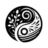 Yin Yang Symbol with Leafy Branch and Swirling Elements, a Modern Interpretation in Black and White, Reflecting Balance and Harmony. vector