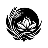 Elegant, stylized black and white floral design, centered around a lotus flower, surrounded by flowing lines and botanical elements, creating a harmonious circular composition. vector