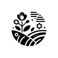 Abstract monochrome illustration depicting a stylized floral landscape within a circular frame, featuring bold black shapes, with details of plants and fields. vector