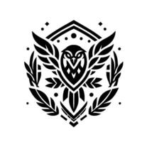 Symbolic Monochrome Owl Design A symmetrical artwork featuring a detailed owl silhouette within a geometric frame, embellished with leaves and dots, conveying wisdom and elegance. vector
