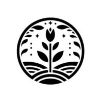 A stylized, minimalist black and white emblem featuring a central tulip rising from stylized fields within a circular border, complemented by celestial accents. vector