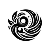 Intricate, stylized black and white circular design, featuring swirling lines, leaflike elements, and concentric circles, creating a balanced and dynamic composition on a white backdrop. vector