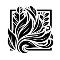 A stylized, symmetrical, black and white illustration of organic floral elements, composed within a square frame against a stark white background. vector