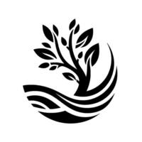 A stylized, minimalist emblem featuring a tree with lush leaves, cradled by curved, wavelike elements, evoking growth and serenity in solid black on a white backdrop. vector