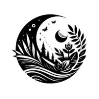 A monochrome, circular illustration depicting a tranquil nighttime scene within a crescent moon, featuring a forest, flowers, butterflies, and starry sky. vector