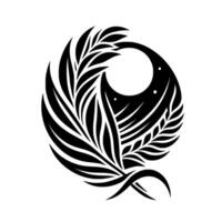 A stylized, monochromatic, feather and leaf based design, creating a symmetrical, abstract, natural emblem or with a balanced and elegant composition, evoking themes of growth and harmony. vector